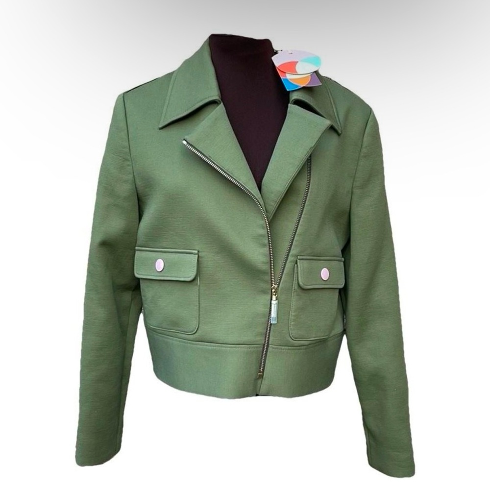 NWT Ted Baker Blazer Green Structured Cropped Boucle Biker Jacket Size 1, US 4